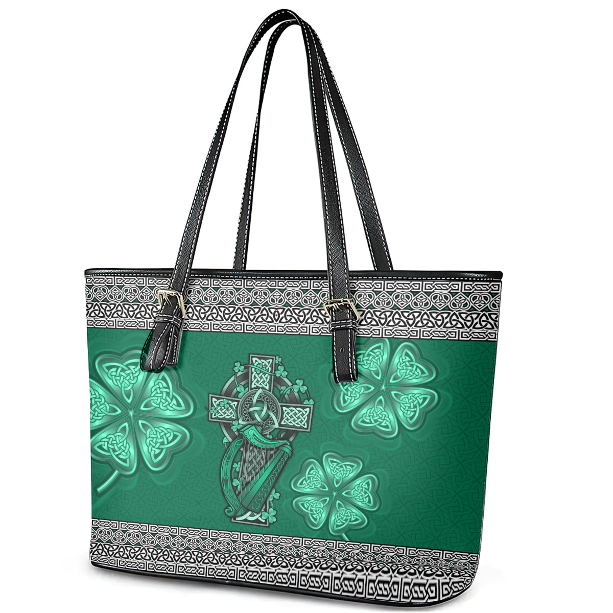 Irish Celtic Cross and Harp with Ireland Shamrock Personalized Leather Tote Bag LT9
