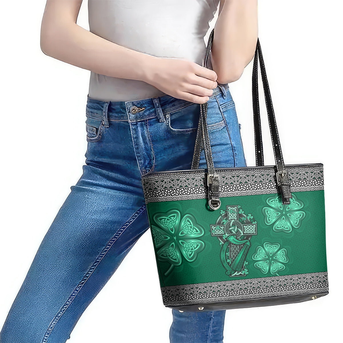 Irish Celtic Cross and Harp with Ireland Shamrock Personalized Leather Tote Bag LT9