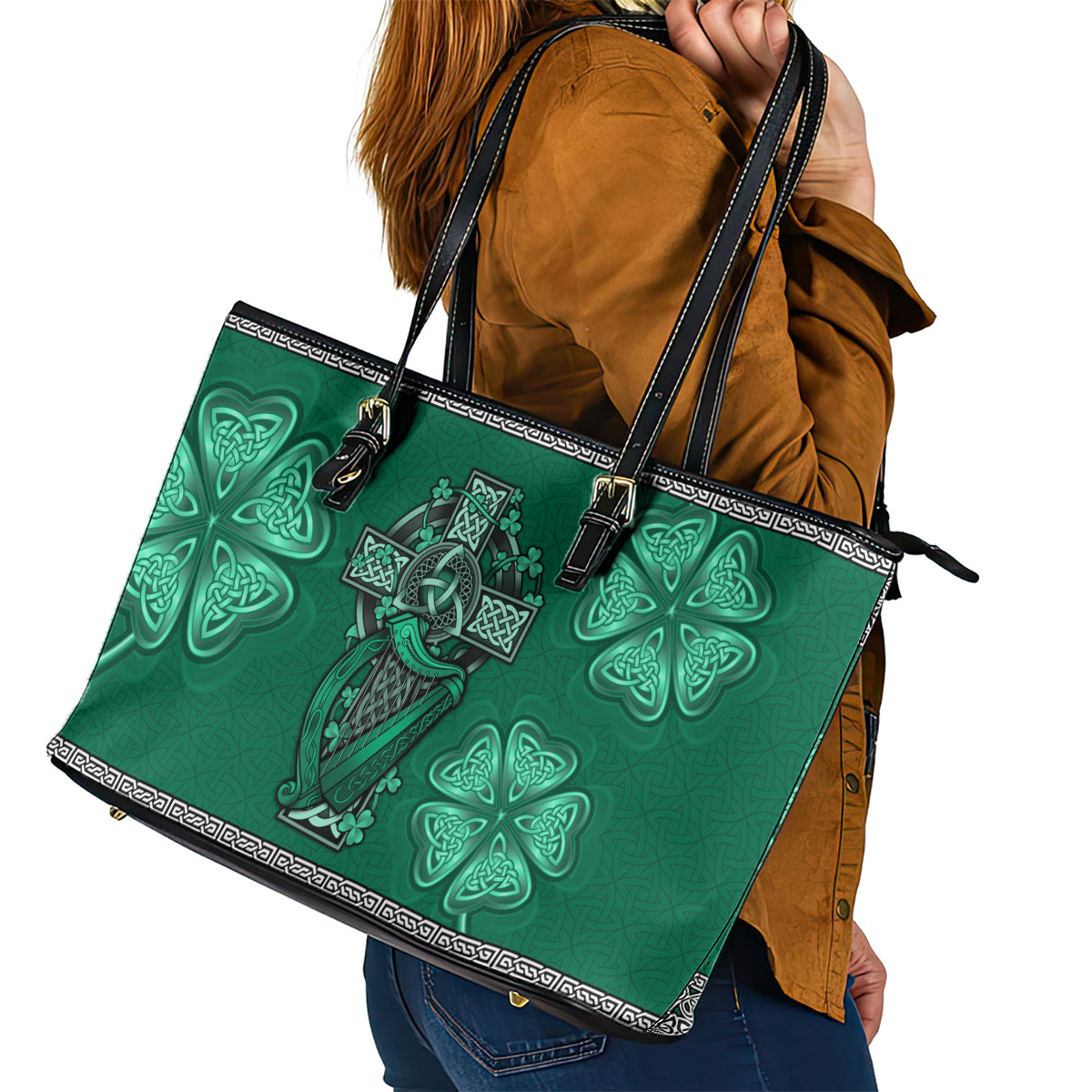 Irish Celtic Cross and Harp with Ireland Shamrock Personalized Leather Tote Bag LT9