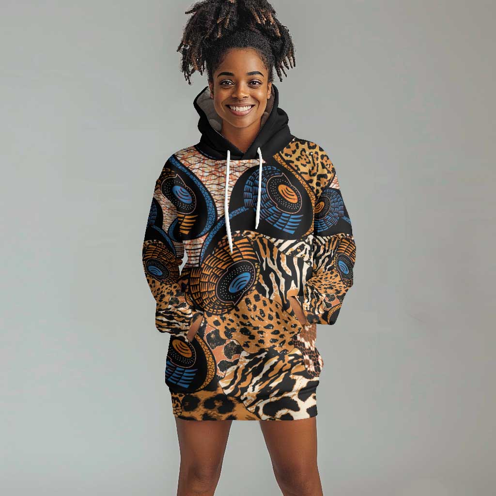 African Ankara Motifs Mixed Animal Skins Hoodie Dress LT9