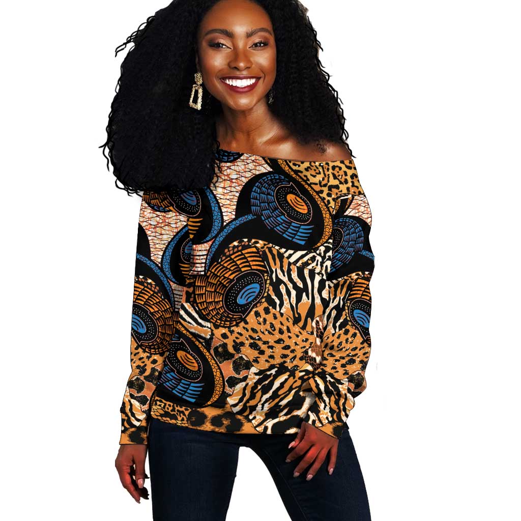 African Ankara Motifs Mixed Animal Skins Off Shoulder Sweater LT9