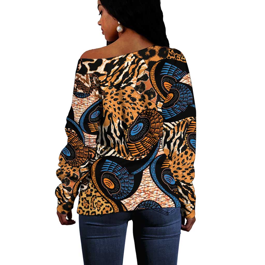 African Ankara Motifs Mixed Animal Skins Off Shoulder Sweater LT9