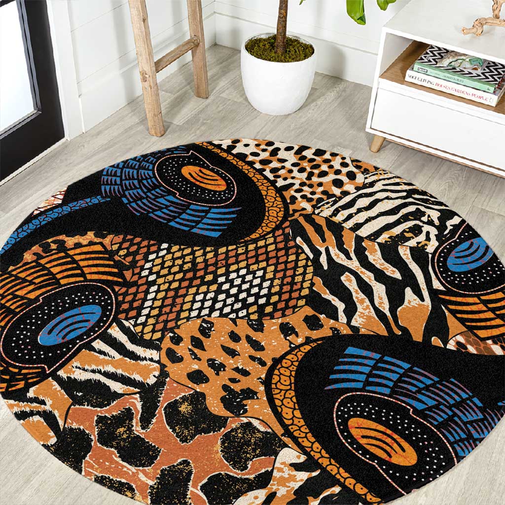 African Ankara Motifs Mixed Animal Skins Round Carpet LT9