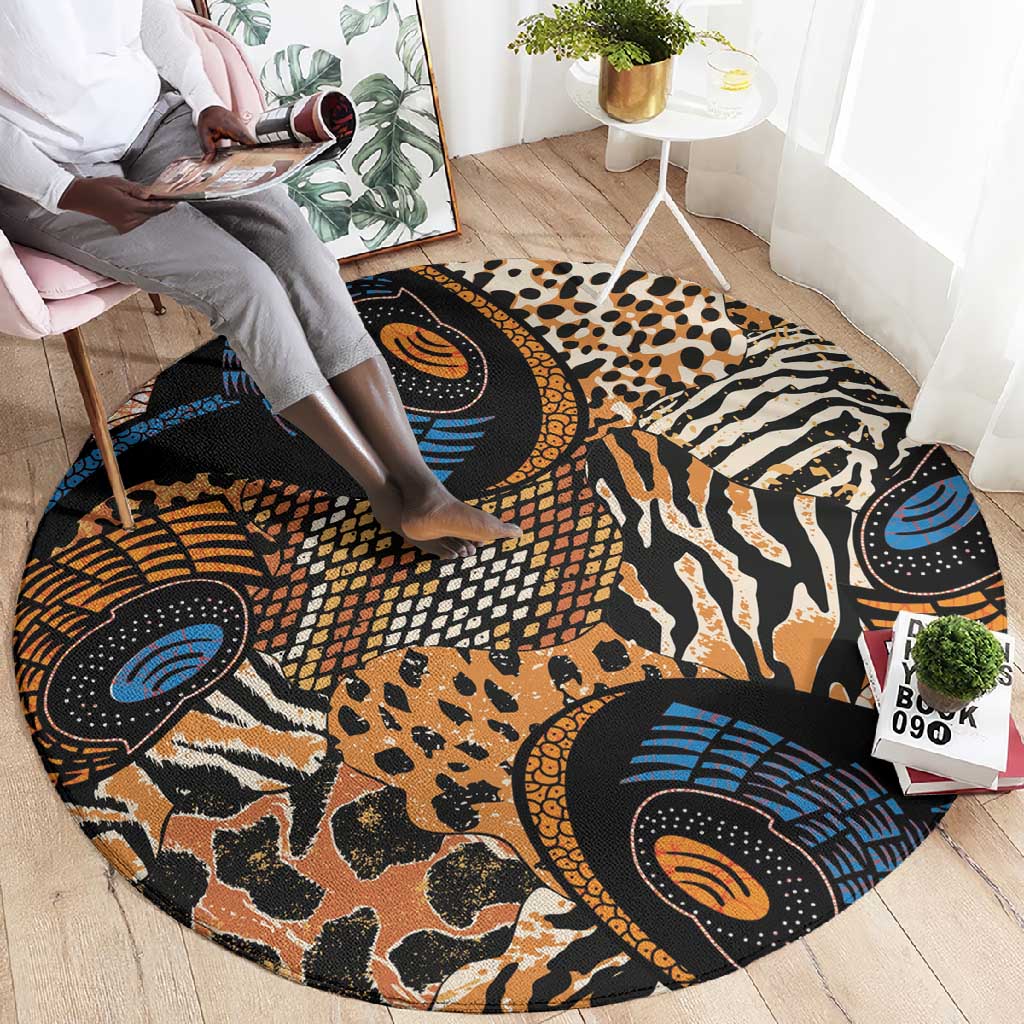 African Ankara Motifs Mixed Animal Skins Round Carpet LT9