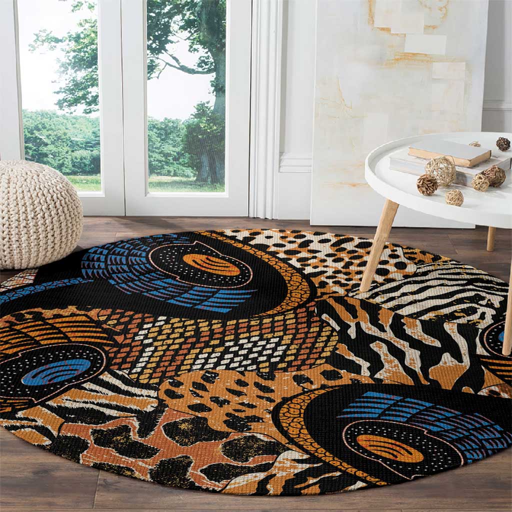 African Ankara Motifs Mixed Animal Skins Round Carpet LT9