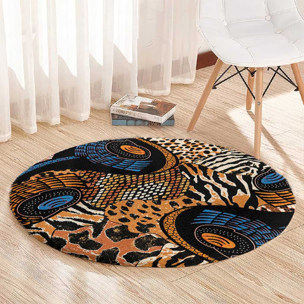 African Ankara Motifs Mixed Animal Skins Round Carpet LT9