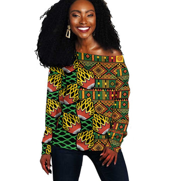 African Tribal Geometric Mixed Kanga Pattern Off Shoulder Sweater LT9