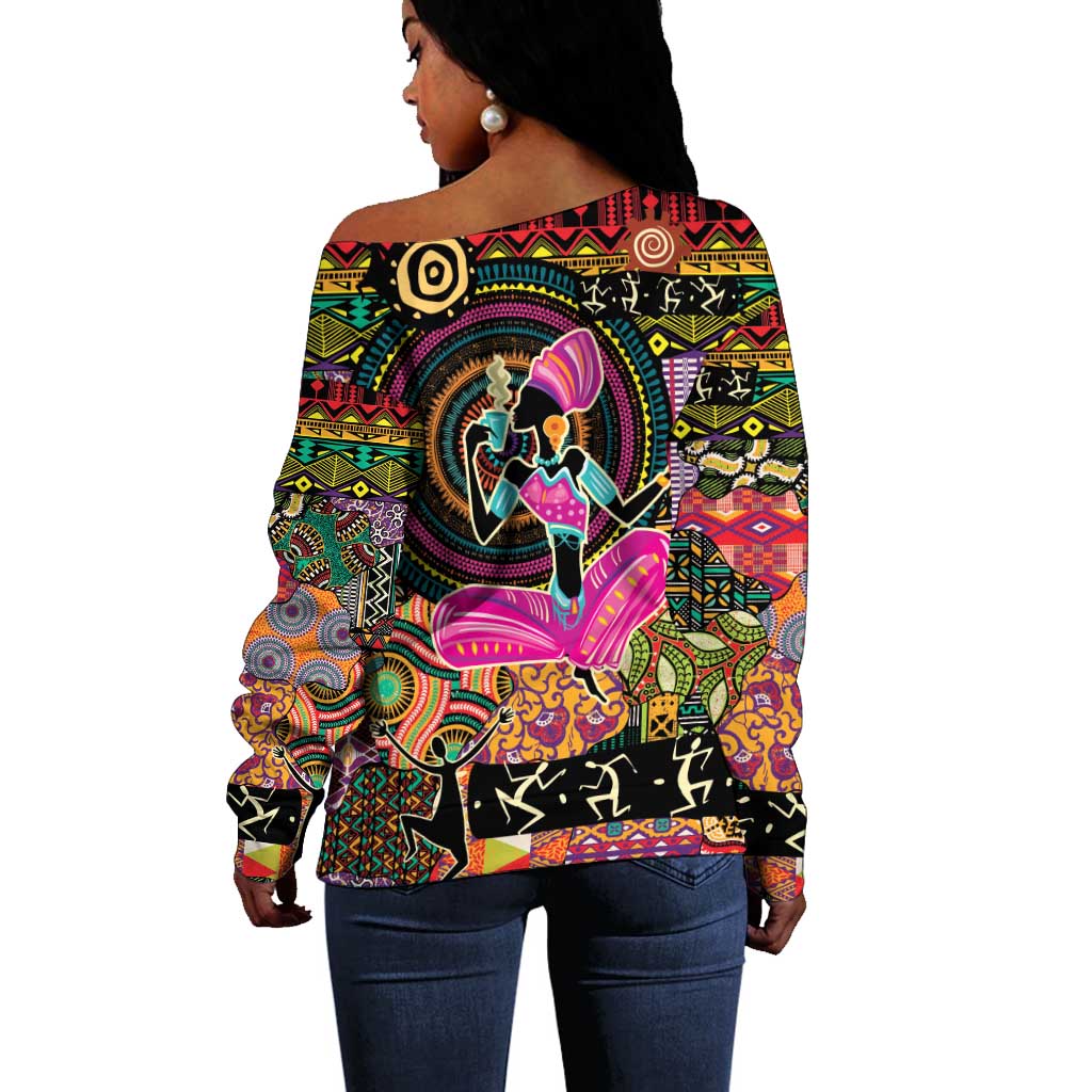 African Women Ethnic Motifs Off Shoulder Sweater LT9
