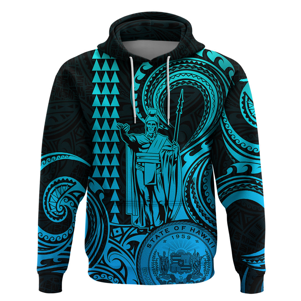 Custom Happy King Kamehameha Day Hawaii Hoodie Paradise of the Pacific Tribal Kakau with Kanaka Maoli - Aqua LT9