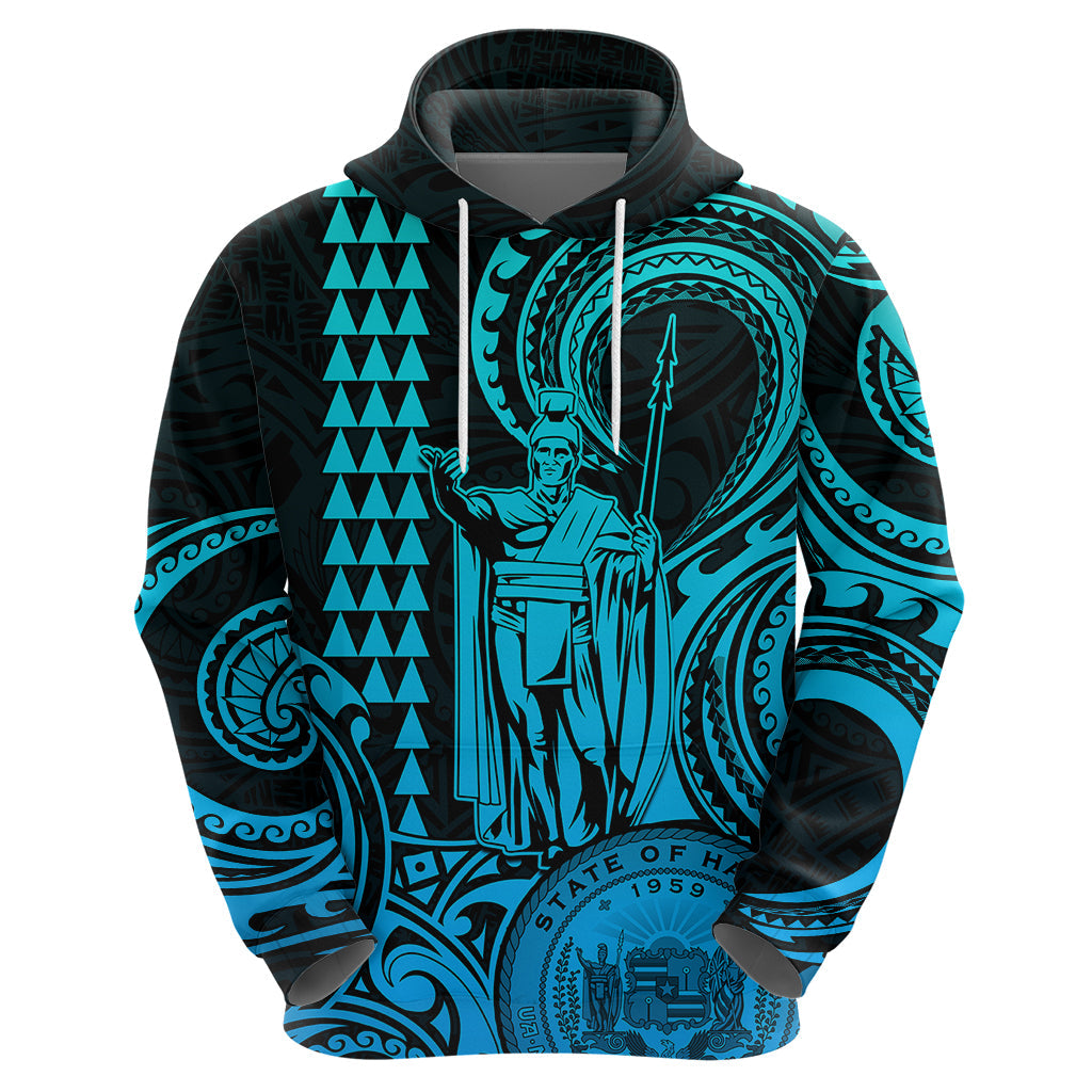 Custom Happy King Kamehameha Day Hawaii Hoodie Paradise of the Pacific Tribal Kakau with Kanaka Maoli - Aqua LT9