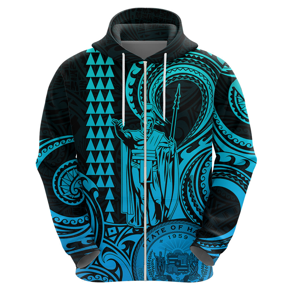 Custom Happy King Kamehameha Day Hawaii Hoodie Paradise of the Pacific Tribal Kakau with Kanaka Maoli - Aqua LT9