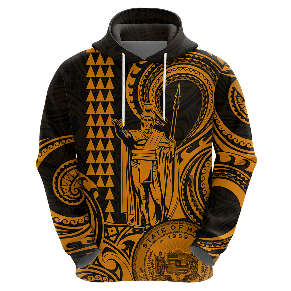 Custom Happy King Kamehameha Day Hawaii Hoodie Paradise of the Pacific Tribal Kakau with Kanaka Maoli - Gold LT9