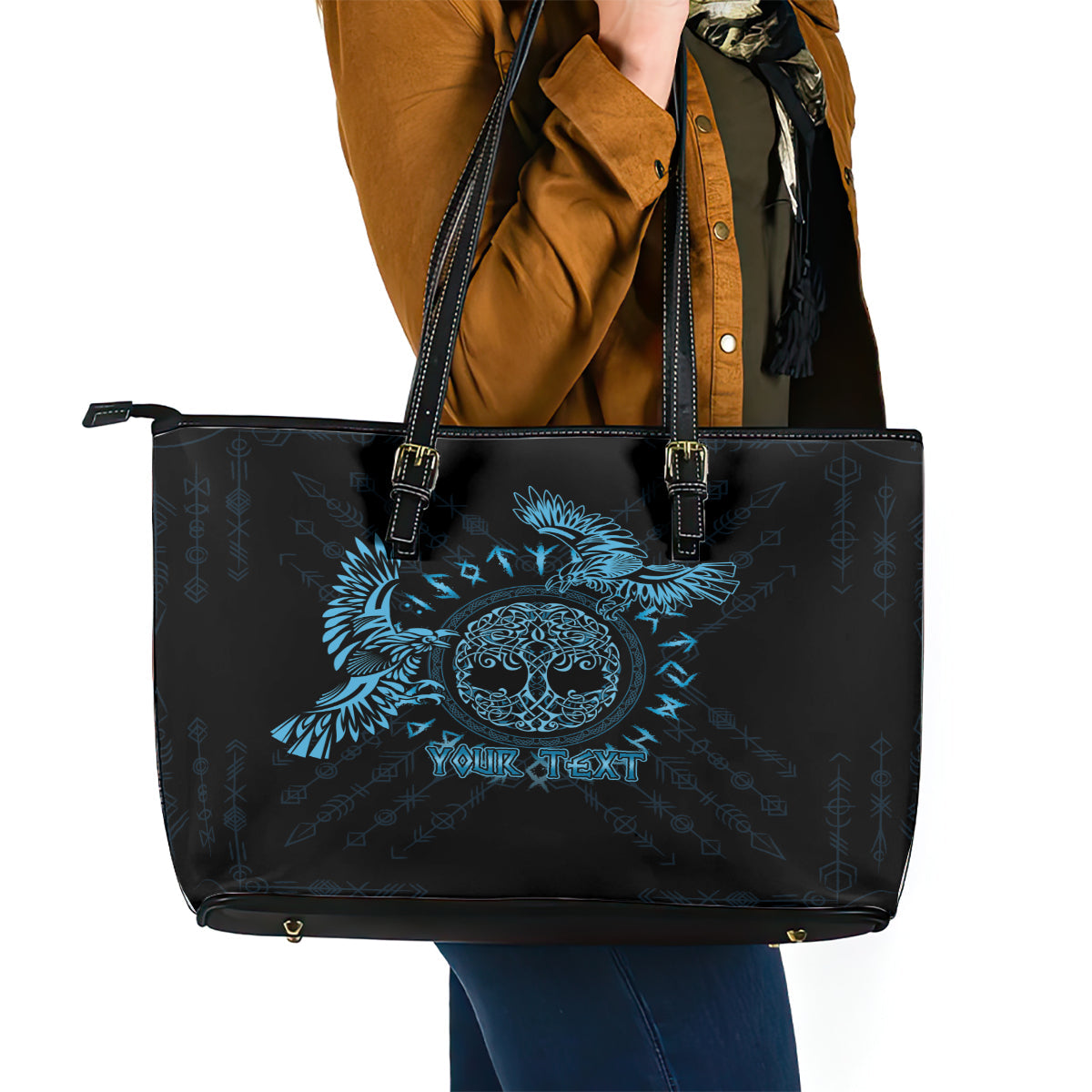 Personalized Odin's Celtic Raven Leather Tote Bag Blue Scandinavian Tattoo LT9