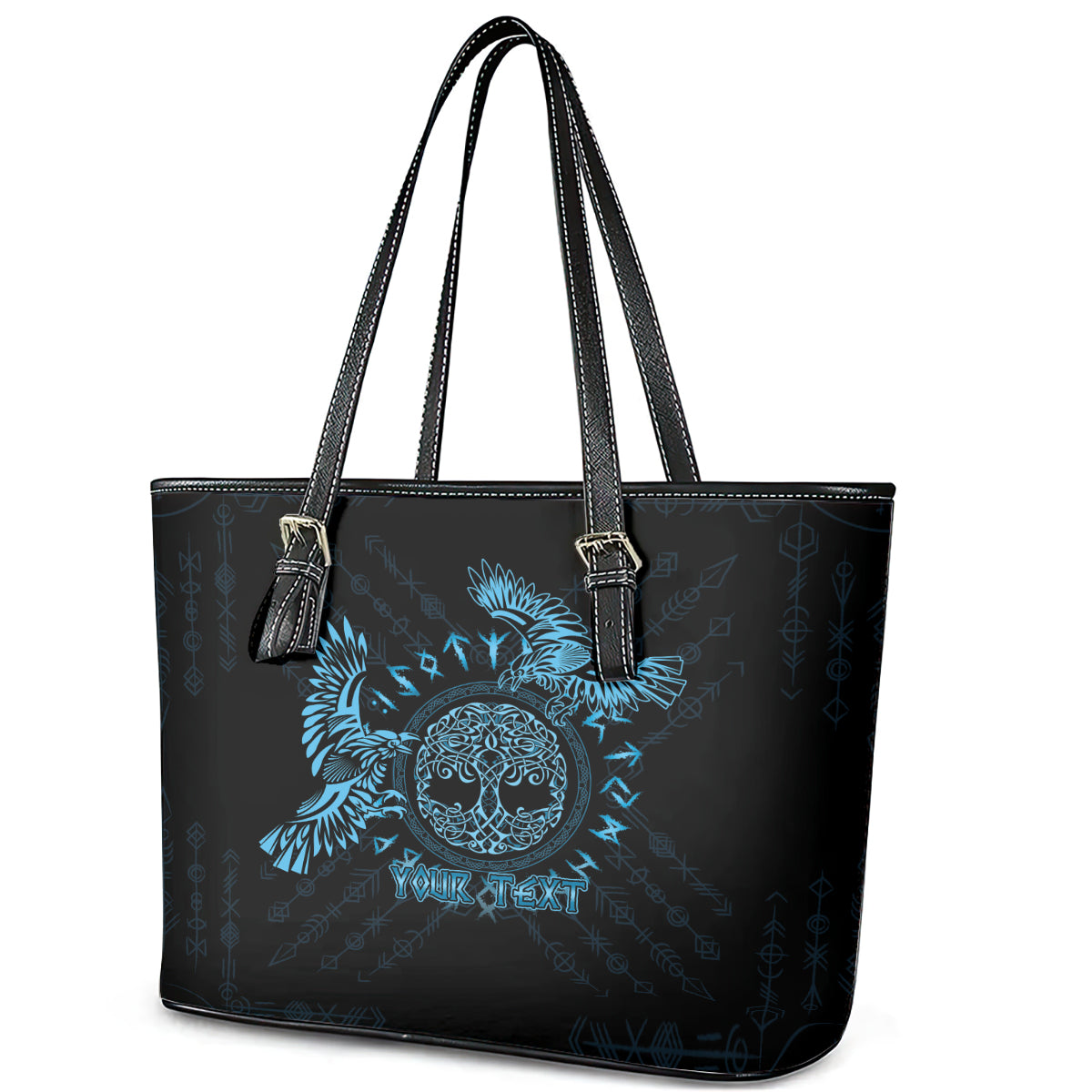 Personalized Odin's Celtic Raven Leather Tote Bag Blue Scandinavian Tattoo LT9