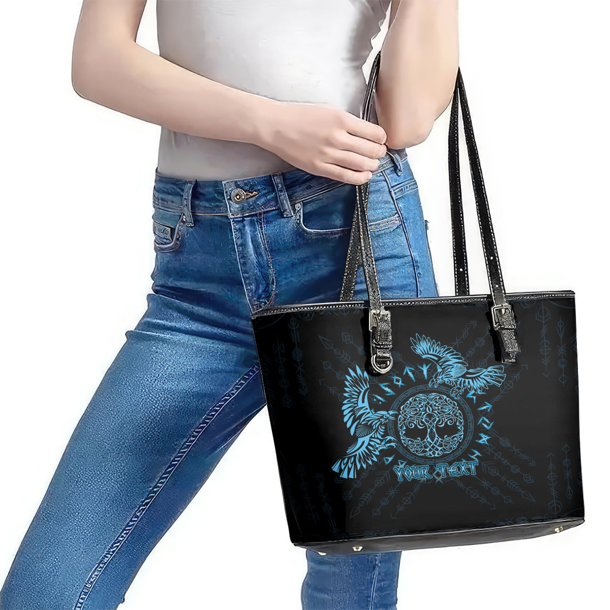 Personalized Odin's Celtic Raven Leather Tote Bag Blue Scandinavian Tattoo LT9