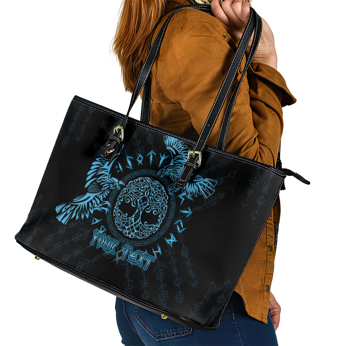 Personalized Odin's Celtic Raven Leather Tote Bag Blue Scandinavian Tattoo LT9