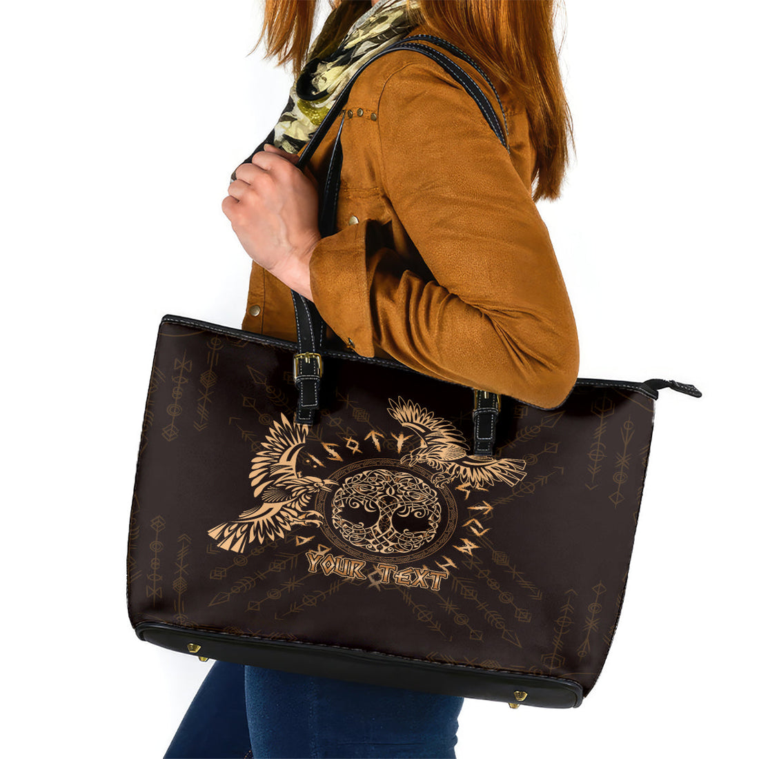 Personalized Odin's Celtic Raven Leather Tote Bag Gold Scandinavian Tattoo LT9
