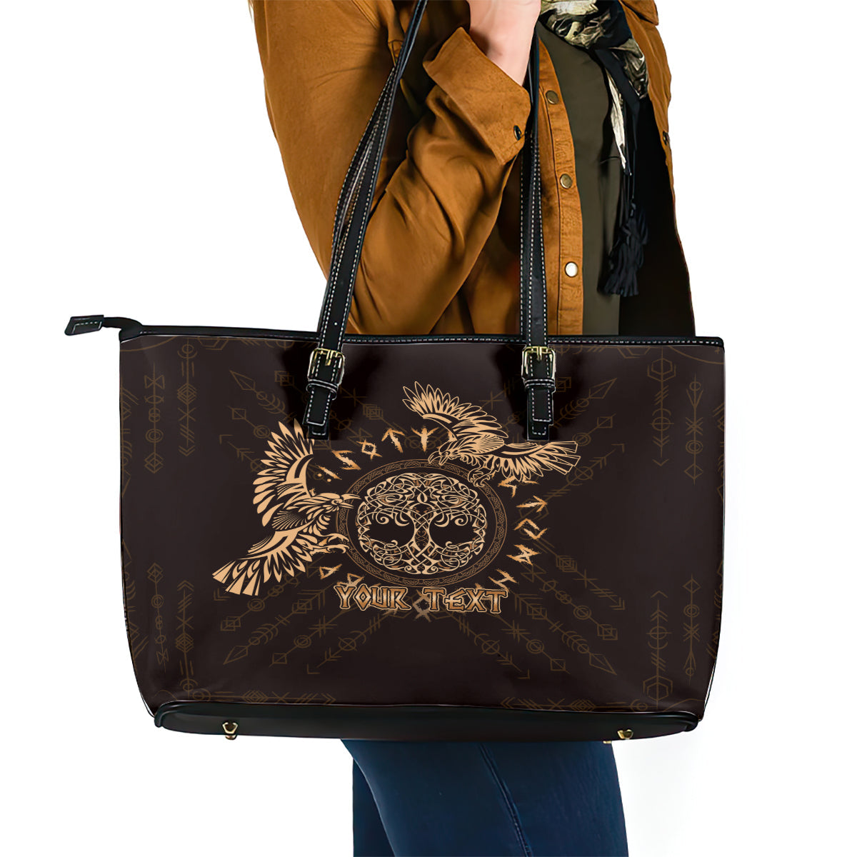 Personalized Odin's Celtic Raven Leather Tote Bag Gold Scandinavian Tattoo LT9