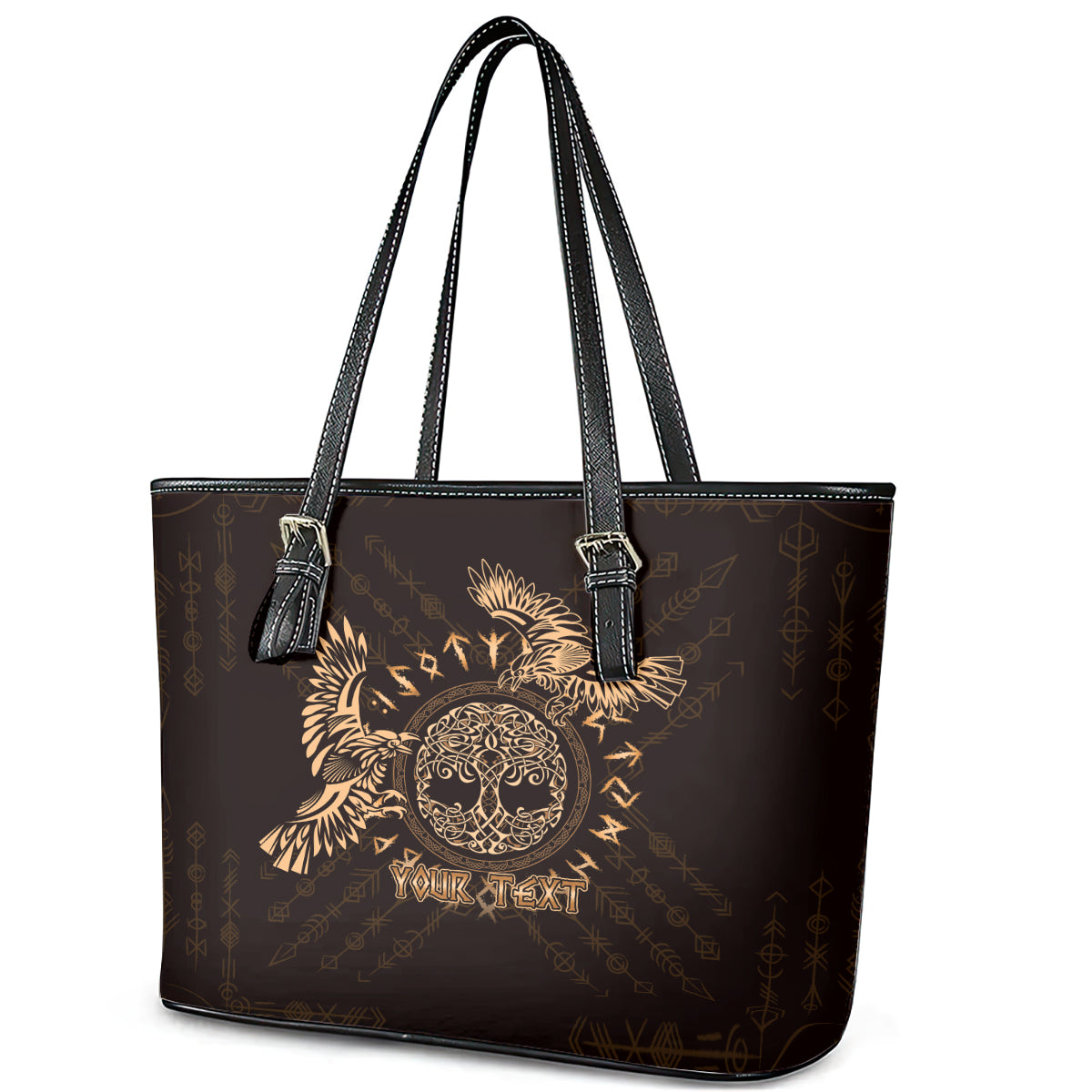 Personalized Odin's Celtic Raven Leather Tote Bag Gold Scandinavian Tattoo LT9