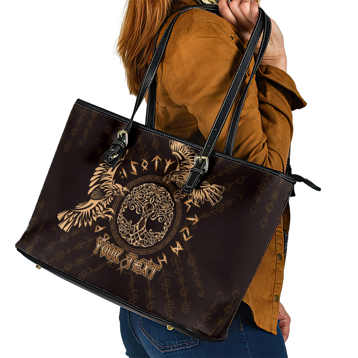 Personalized Odin's Celtic Raven Leather Tote Bag Gold Scandinavian Tattoo LT9