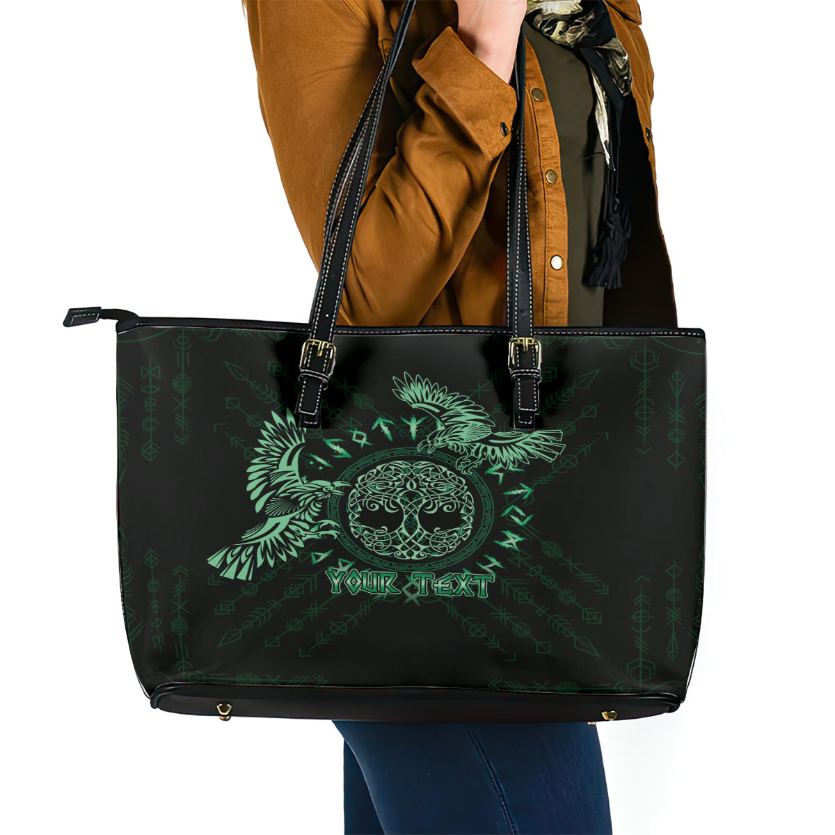 Personalized Odin's Celtic Raven Leather Tote Bag Green Scandinavian Tattoo LT9