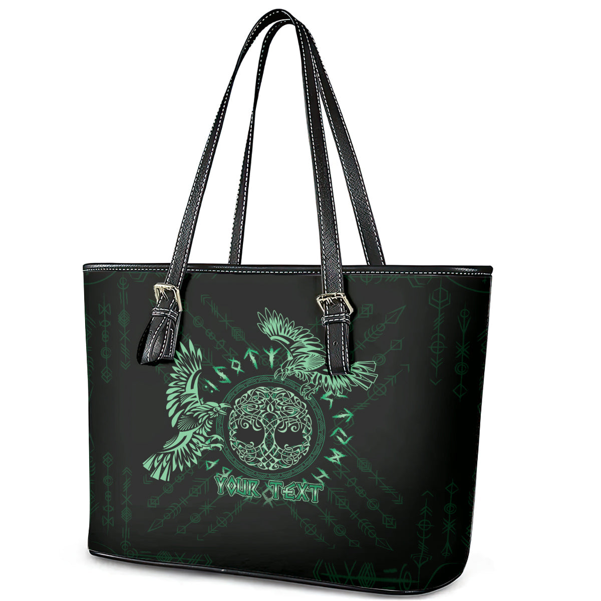 Personalized Odin's Celtic Raven Leather Tote Bag Green Scandinavian Tattoo LT9
