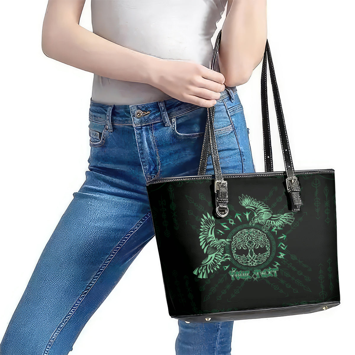 Personalized Odin's Celtic Raven Leather Tote Bag Green Scandinavian Tattoo LT9