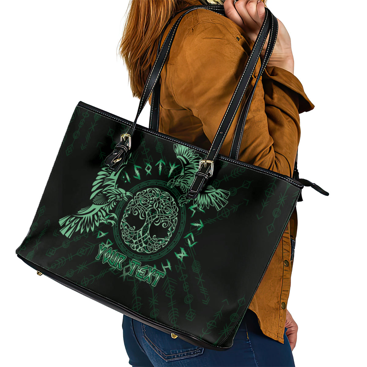 Personalized Odin's Celtic Raven Leather Tote Bag Green Scandinavian Tattoo LT9