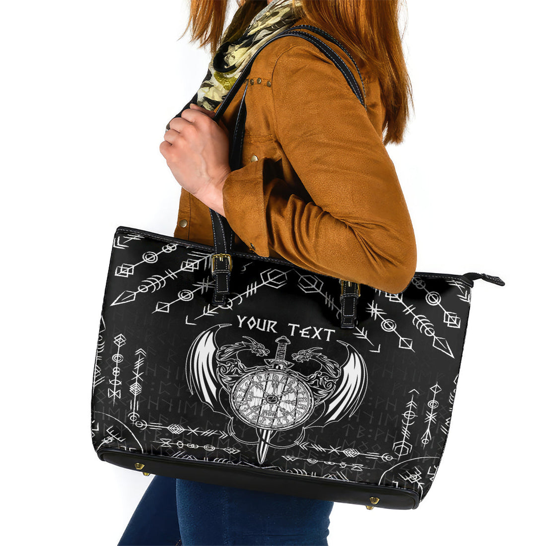 Personalized Viking Dragon Leather Tote Bag with Sword Black Scandinavian Tattoo LT9