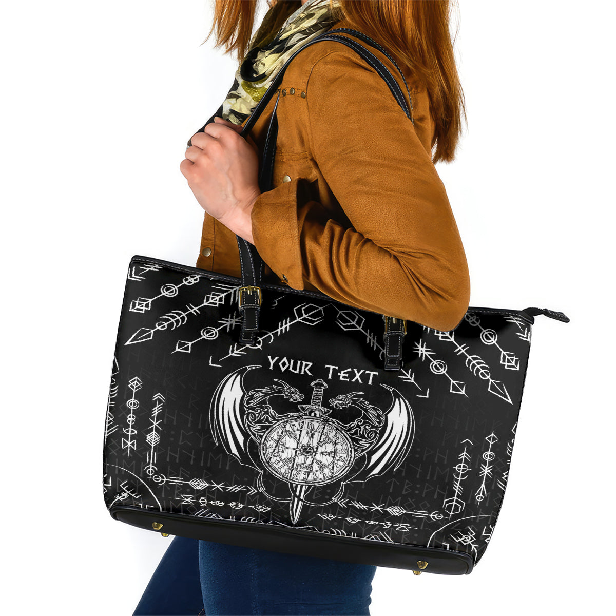 Personalized Viking Dragon Leather Tote Bag with Sword Black Scandinavian Tattoo LT9