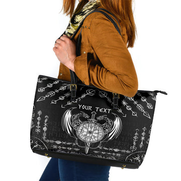 Personalized Viking Dragon Leather Tote Bag with Sword Black Scandinavian Tattoo LT9