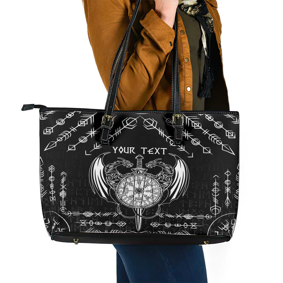 Personalized Viking Dragon Leather Tote Bag with Sword Black Scandinavian Tattoo LT9