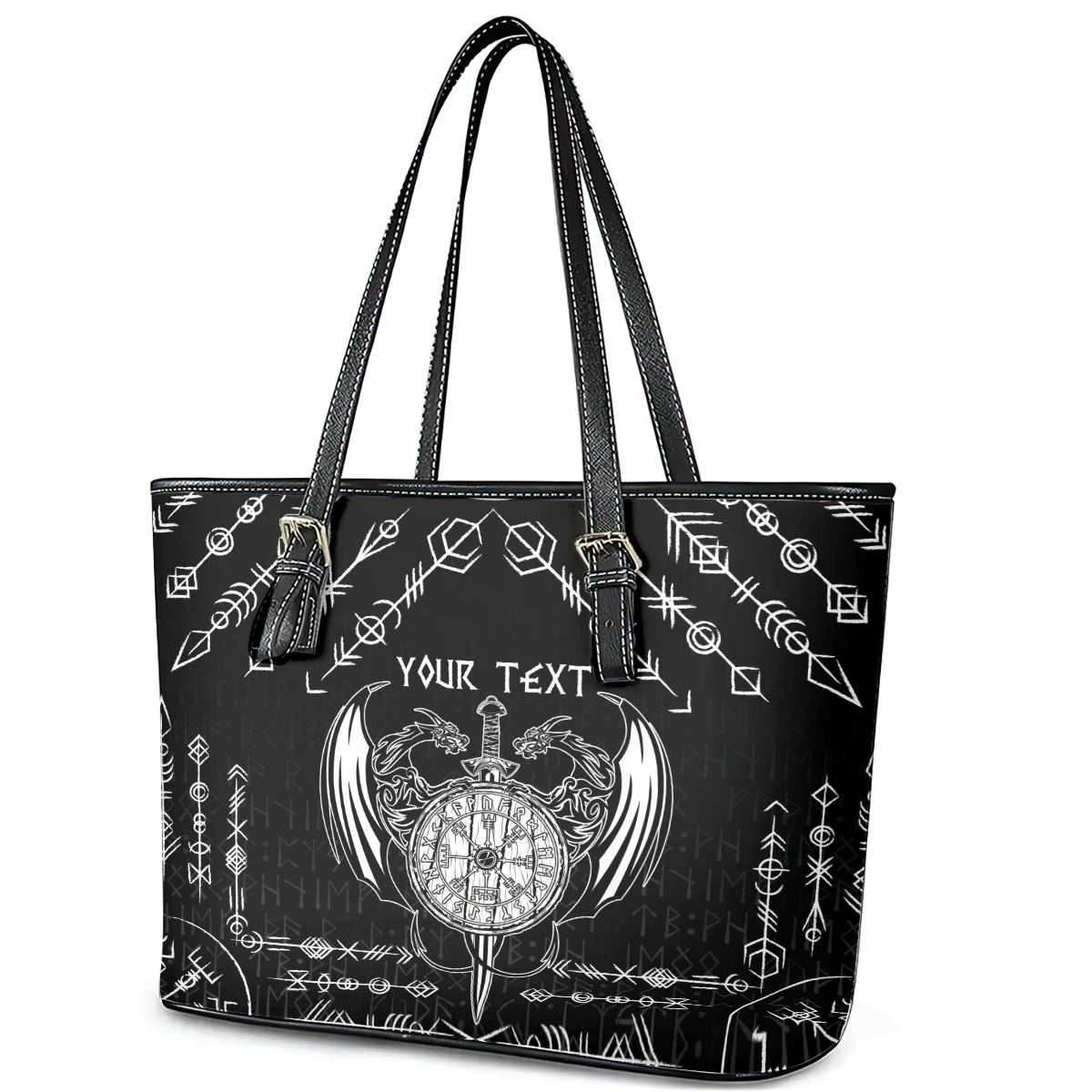 Personalized Viking Dragon Leather Tote Bag with Sword Black Scandinavian Tattoo LT9