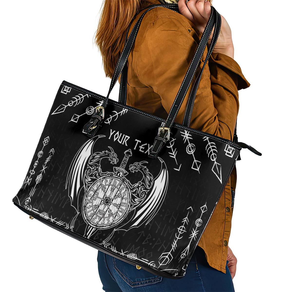 Personalized Viking Dragon Leather Tote Bag with Sword Black Scandinavian Tattoo LT9