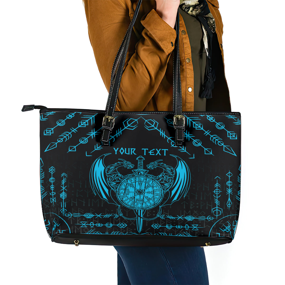 Personalized Viking Dragon Leather Tote Bag with Sword Blue Scandinavian Tattoo LT9