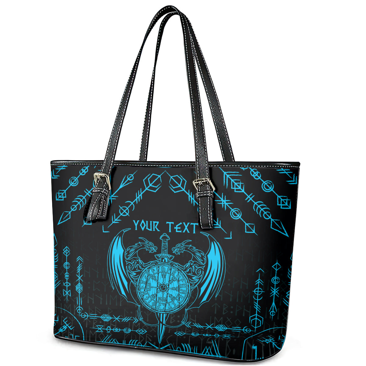 Personalized Viking Dragon Leather Tote Bag with Sword Blue Scandinavian Tattoo LT9