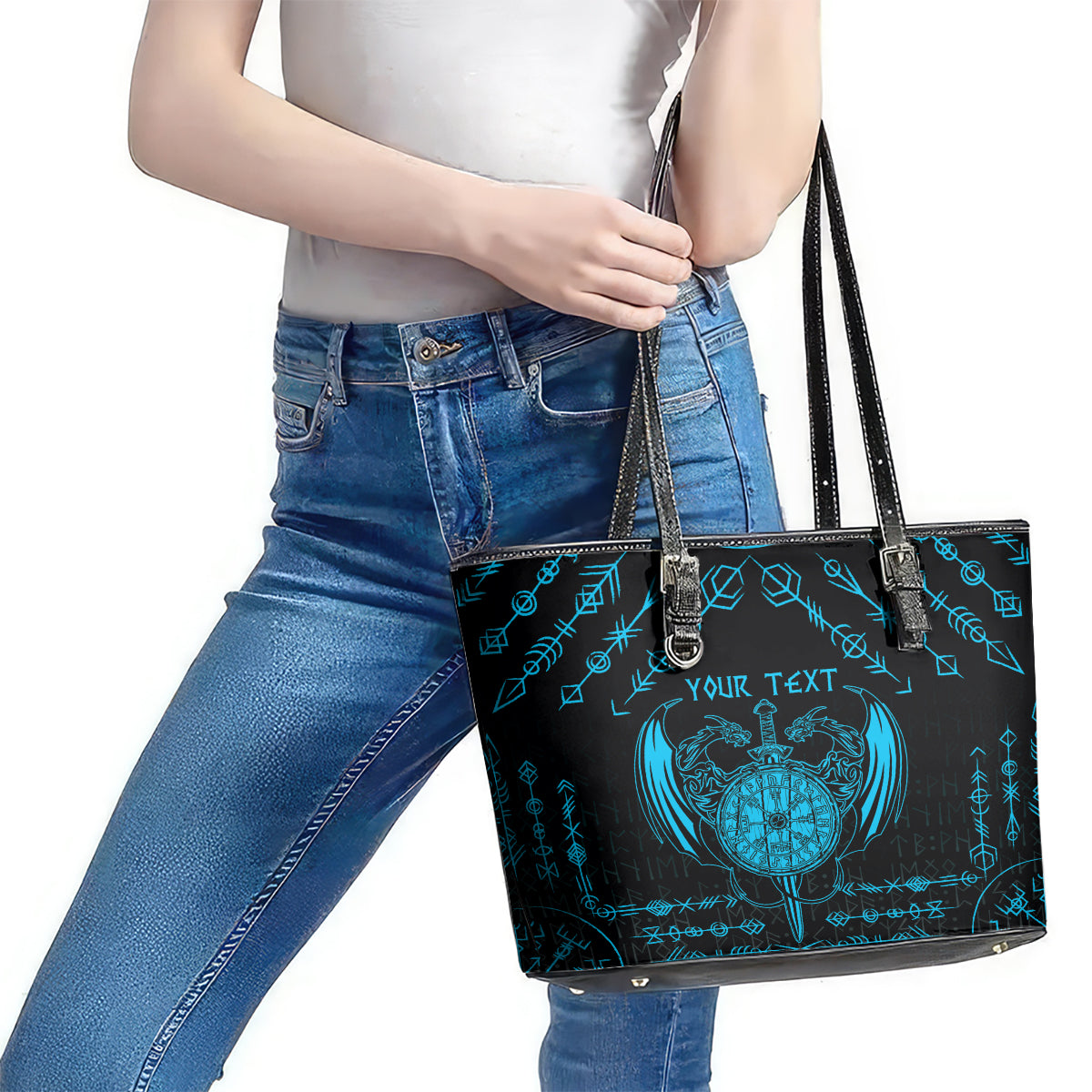 Personalized Viking Dragon Leather Tote Bag with Sword Blue Scandinavian Tattoo LT9
