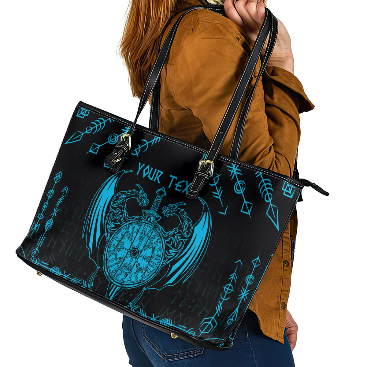 Personalized Viking Dragon Leather Tote Bag with Sword Blue Scandinavian Tattoo LT9