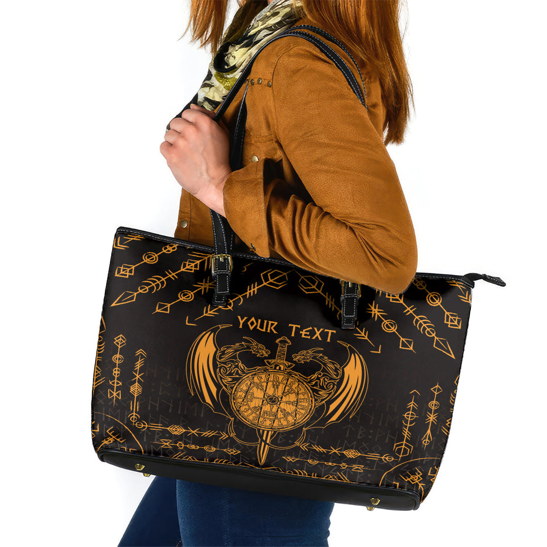 Personalized Viking Dragon Leather Tote Bag with Sword Gold Scandinavian Tattoo LT9