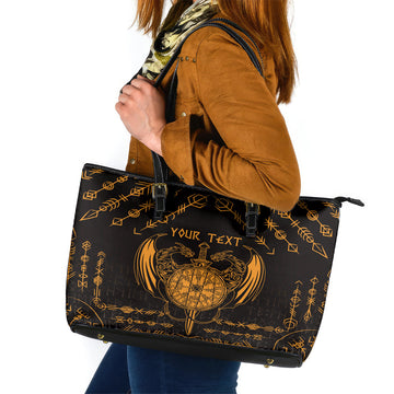 Personalized Viking Dragon Leather Tote Bag with Sword Gold Scandinavian Tattoo LT9