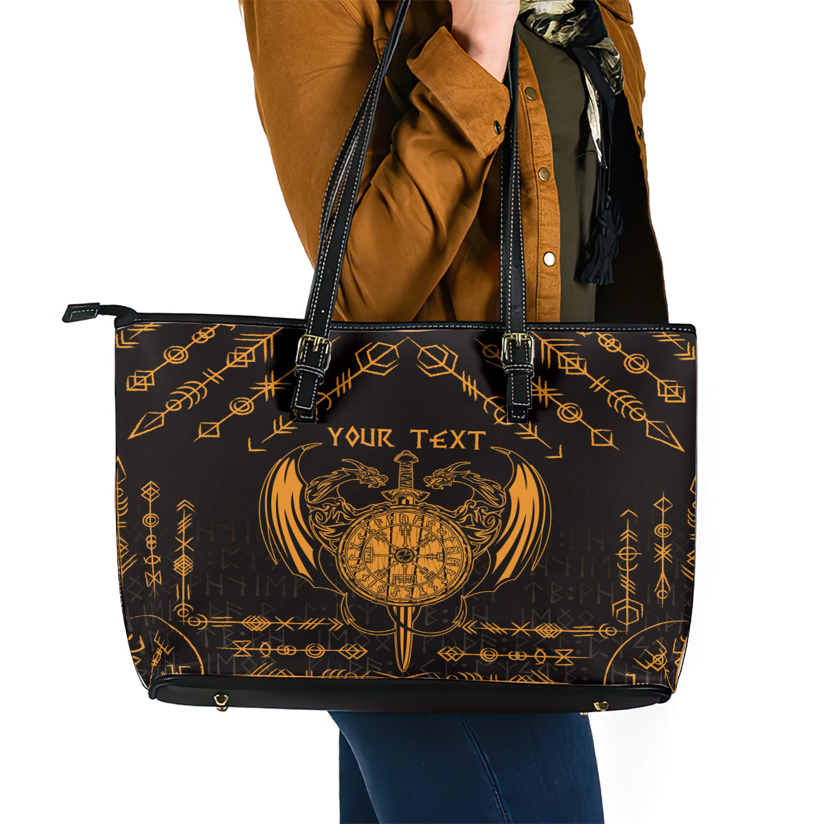 Personalized Viking Dragon Leather Tote Bag with Sword Gold Scandinavian Tattoo LT9
