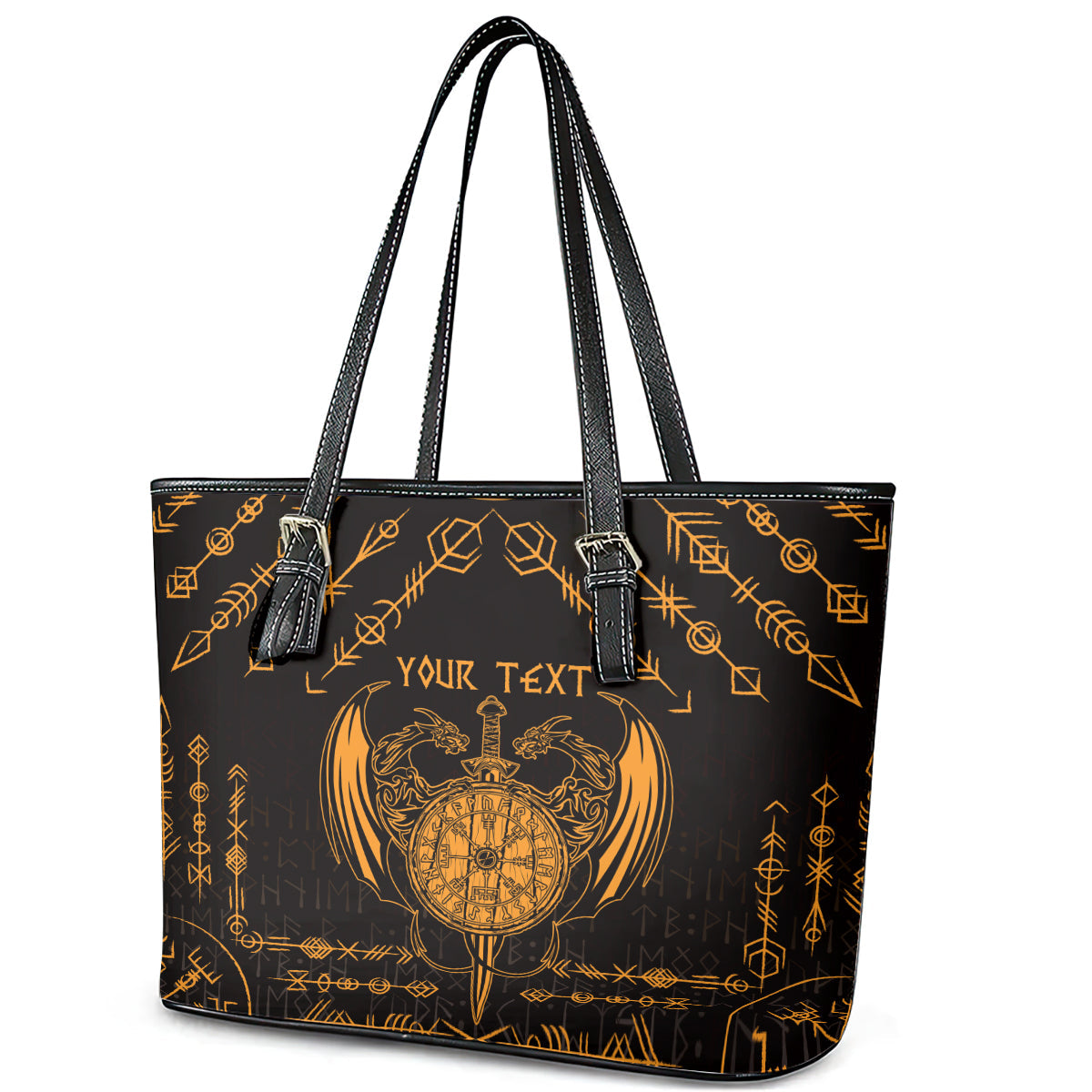 Personalized Viking Dragon Leather Tote Bag with Sword Gold Scandinavian Tattoo LT9