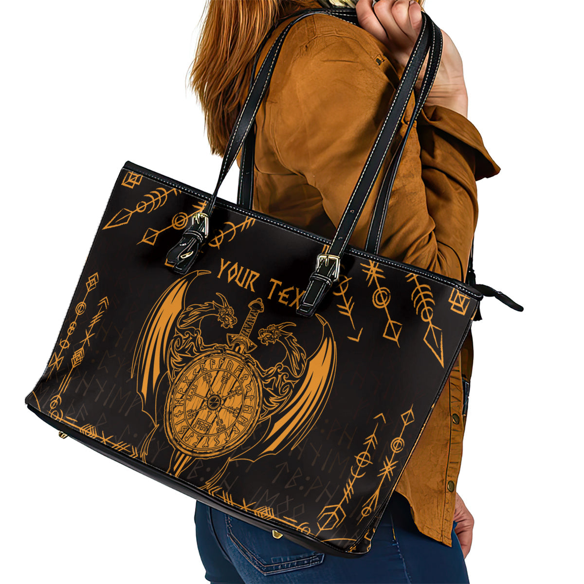 Personalized Viking Dragon Leather Tote Bag with Sword Gold Scandinavian Tattoo LT9