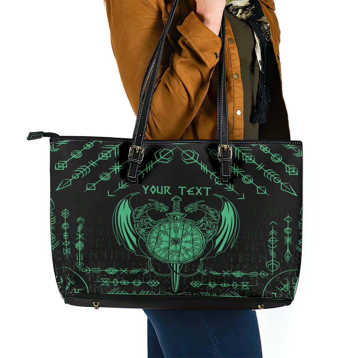 Personalized Viking Dragon Leather Tote Bag with Sword Green Scandinavian Tattoo LT9