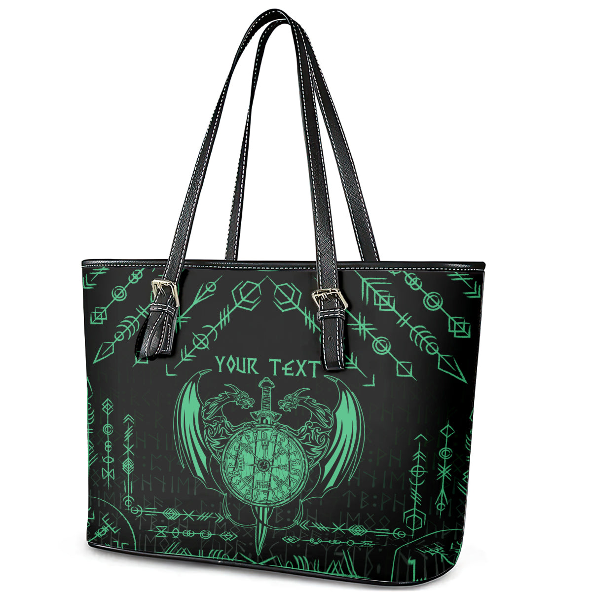 Personalized Viking Dragon Leather Tote Bag with Sword Green Scandinavian Tattoo LT9