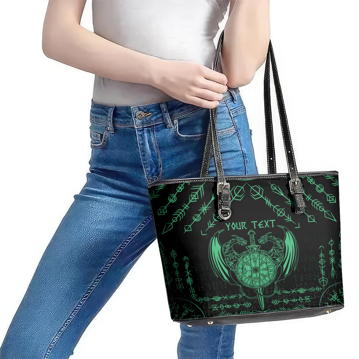 Personalized Viking Dragon Leather Tote Bag with Sword Green Scandinavian Tattoo LT9