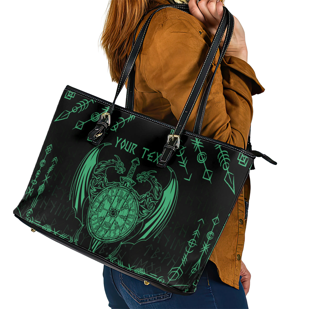 Personalized Viking Dragon Leather Tote Bag with Sword Green Scandinavian Tattoo LT9