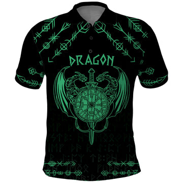 Personalized Viking Dragon Polo Shirt with Sword Green Scandinavian Tattoo LT9
