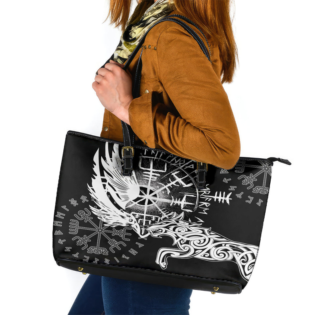 Vikings Raven and Wolf Leather Tote Bag with Aegishjalmur Unique LT9