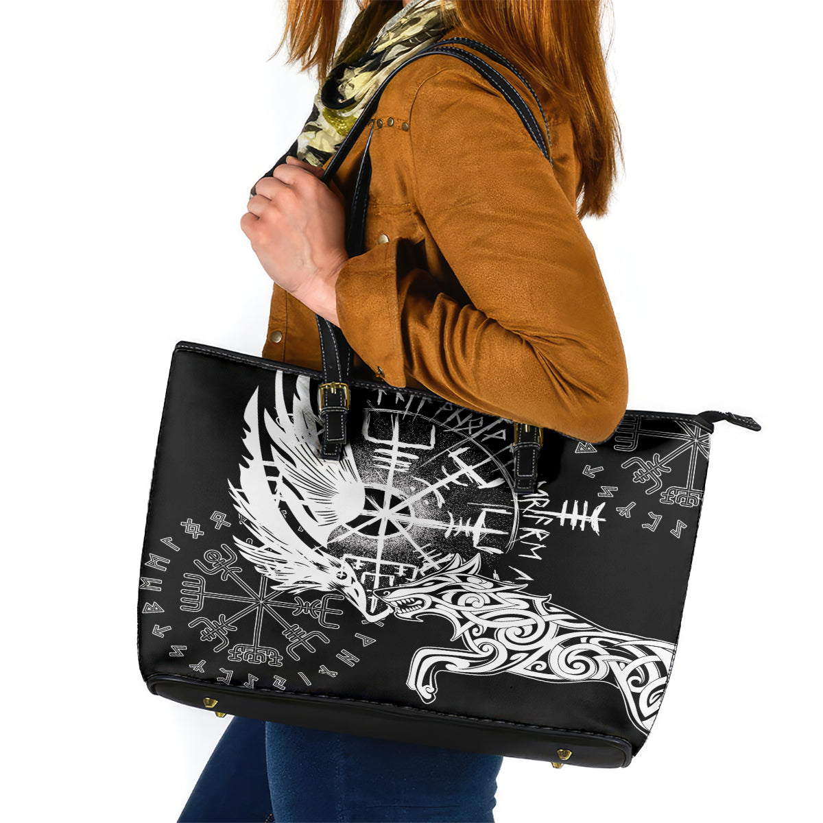 Vikings Raven and Wolf Leather Tote Bag with Aegishjalmur Unique LT9